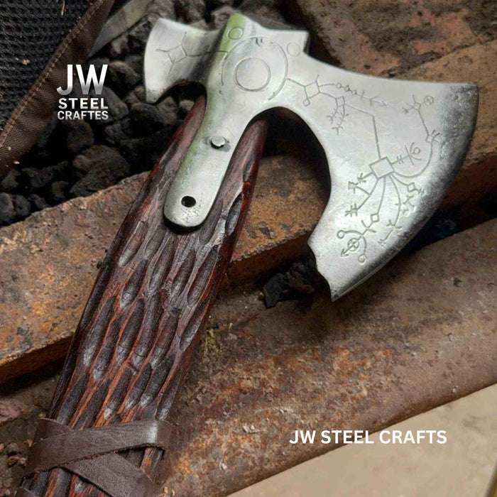 Handmade Viking Double-Bit Carbon Steel Axe with Norse Rune Etching and Engraved Hardwood Handle