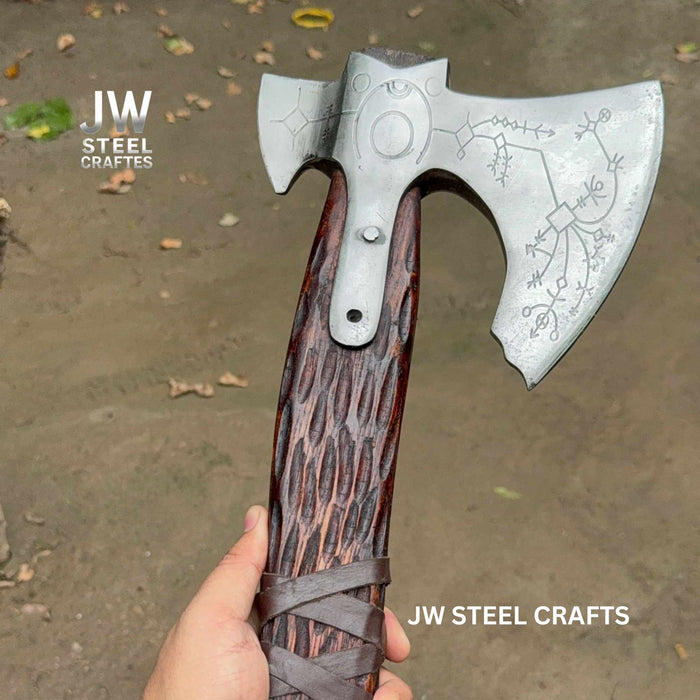 Handmade Viking Double-Bit Carbon Steel Axe with Norse Rune Etching and Engraved Hardwood Handle
