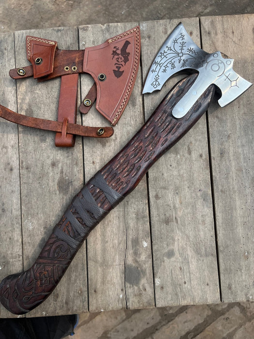 Handmade Viking Double-Bit Carbon Steel Axe with Norse Rune Etching and Engraved Hardwood Handle