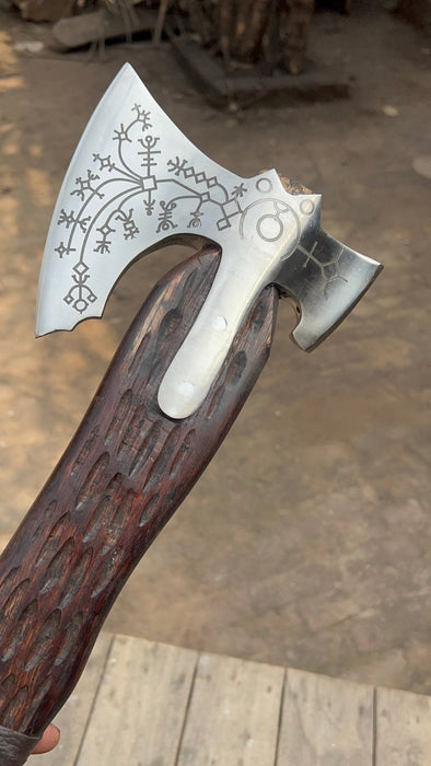 Handmade Viking Double-Bit Carbon Steel Axe with Norse Rune Etching and Engraved Hardwood Handle
