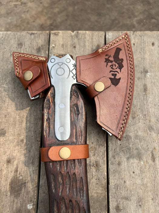 Handmade Viking Double-Bit Carbon Steel Axe with Norse Rune Etching and Engraved Hardwood Handle