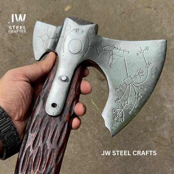 Handmade Viking Double-Bit Carbon Steel Axe with Norse Rune Etching and Engraved Hardwood Handle
