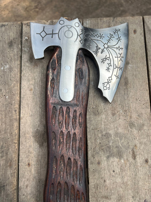 Handmade Viking Double-Bit Carbon Steel Axe with Norse Rune Etching and Engraved Hardwood Handle