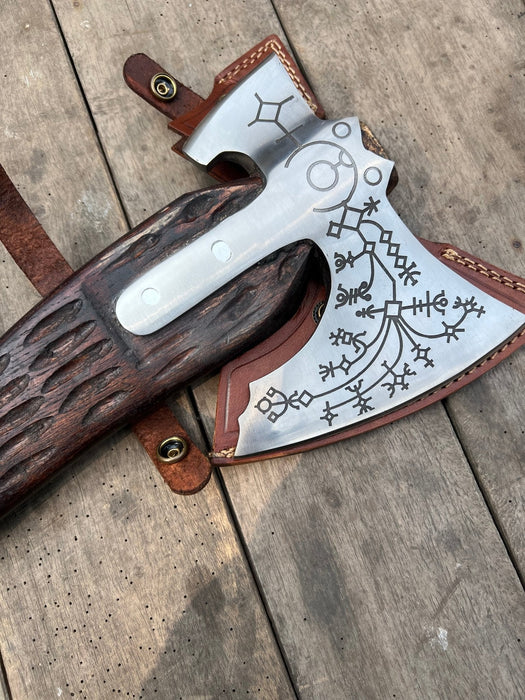 Handmade Viking Double-Bit Carbon Steel Axe with Norse Rune Etching and Engraved Hardwood Handle