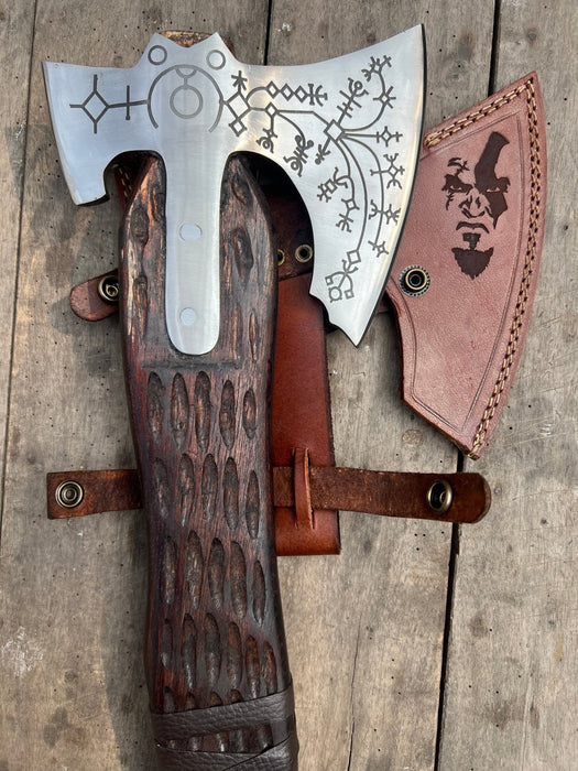 Handmade Viking Double-Bit Carbon Steel Axe with Norse Rune Etching and Engraved Hardwood Handle