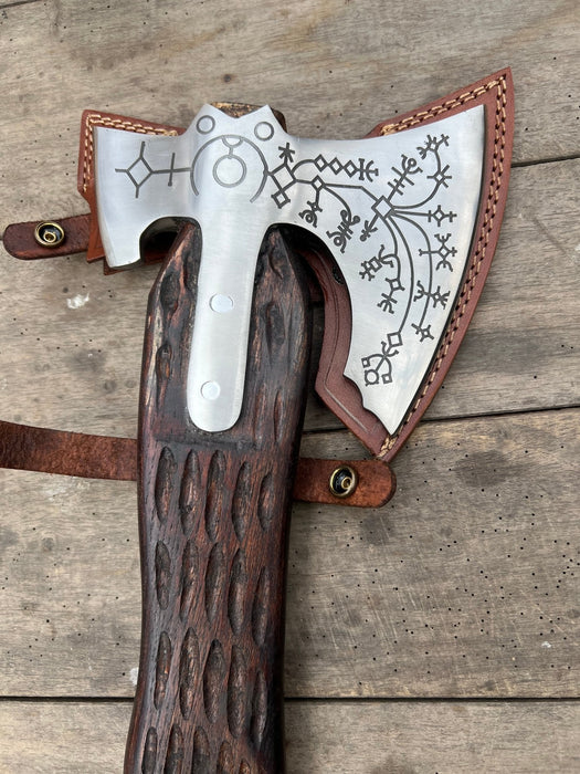 Handmade Viking Double-Bit Carbon Steel Axe with Norse Rune Etching and Engraved Hardwood Handle