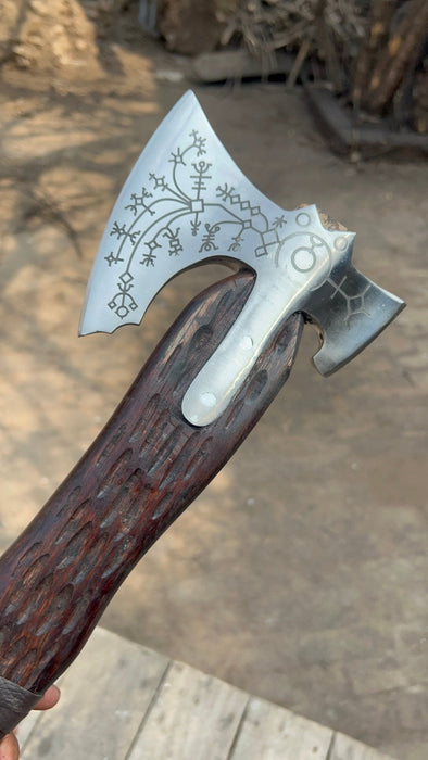 Handmade Viking Double-Bit Carbon Steel Axe with Norse Rune Etching and Engraved Hardwood Handle