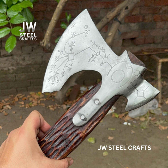 Handmade Viking Double-Bit Carbon Steel Axe with Norse Rune Etching and Engraved Hardwood Handle