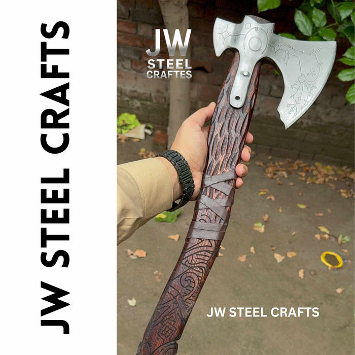 Handmade Viking Double-Bit Carbon Steel Axe with Norse Rune Etching and Engraved Hardwood Handle