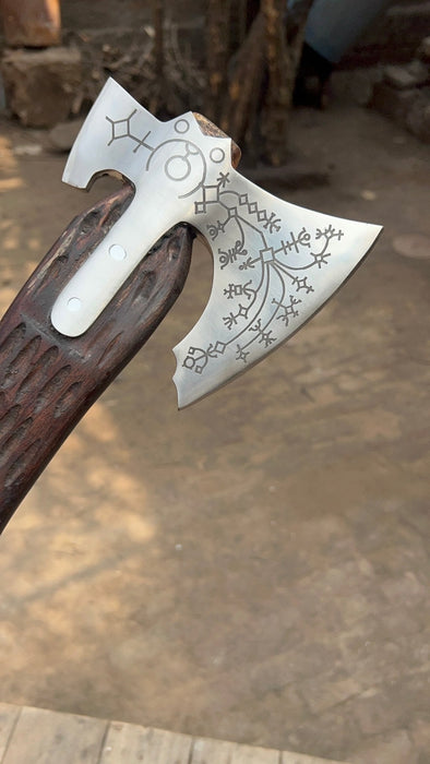 Handmade Viking Double-Bit Carbon Steel Axe with Norse Rune Etching and Engraved Hardwood Handle