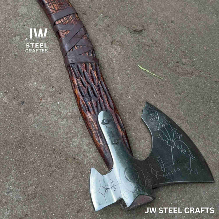 Handmade Viking Double-Bit Carbon Steel Axe with Norse Rune Etching and Engraved Hardwood Handle