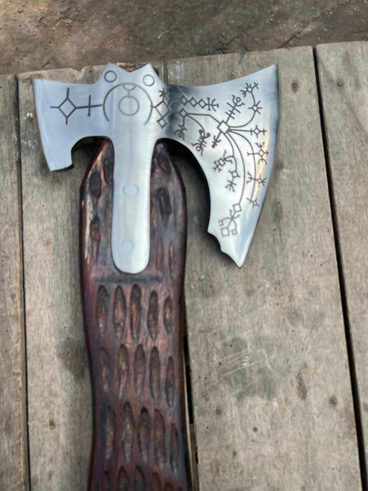 Handmade Viking Double-Bit Carbon Steel Axe with Norse Rune Etching and Engraved Hardwood Handle