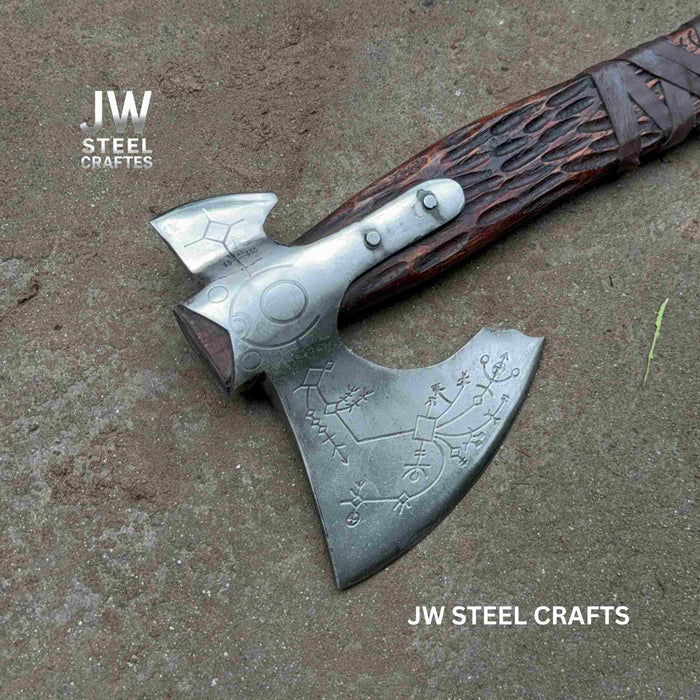 Handmade Viking Double-Bit Carbon Steel Axe with Norse Rune Etching and Engraved Hardwood Handle