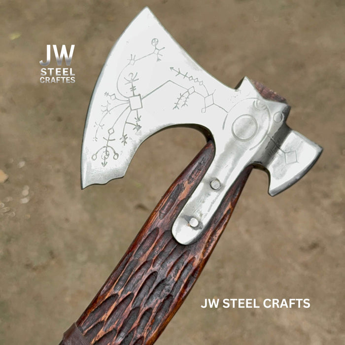 Handmade Viking Double-Bit Carbon Steel Axe with Norse Rune Etching and Engraved Hardwood Handle