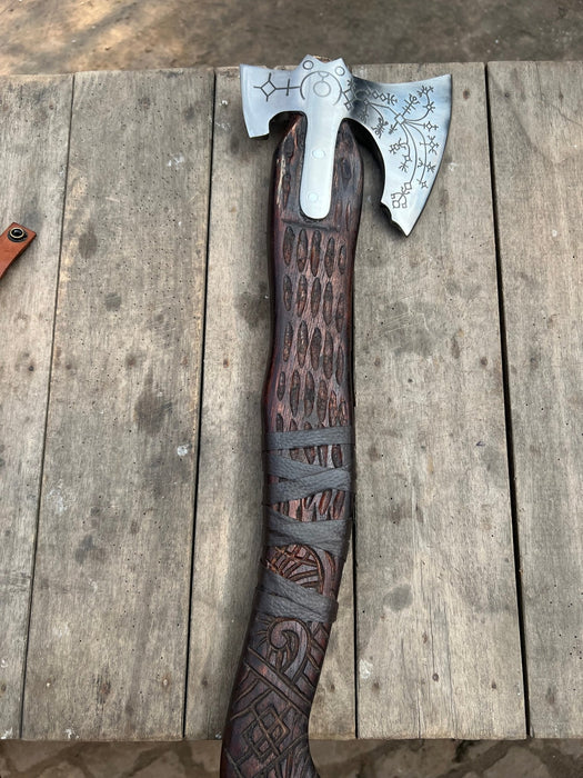 Handmade Viking Double-Bit Carbon Steel Axe with Norse Rune Etching and Engraved Hardwood Handle