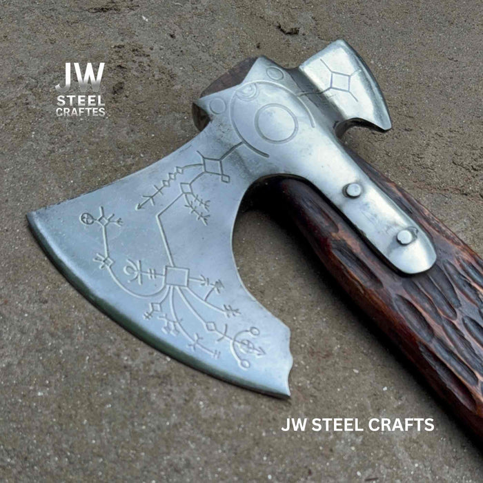 Handmade Viking Double-Bit Carbon Steel Axe with Norse Rune Etching and Engraved Hardwood Handle