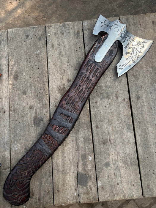 Handmade Viking Double-Bit Carbon Steel Axe with Norse Rune Etching and Engraved Hardwood Handle