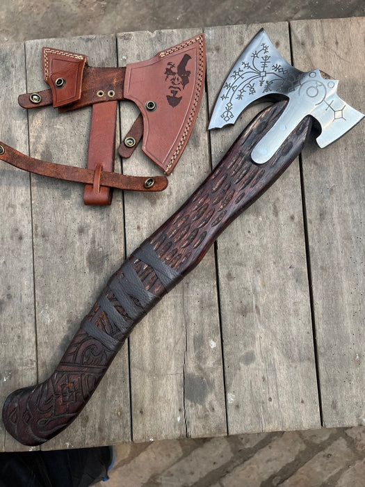 Handmade Viking Double-Bit Carbon Steel Axe with Norse Rune Etching and Engraved Hardwood Handle