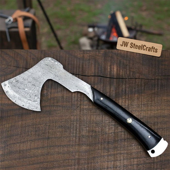Hand-Forged Bearded Camp Hatchet with Hardwood Handle and Leather Sheath