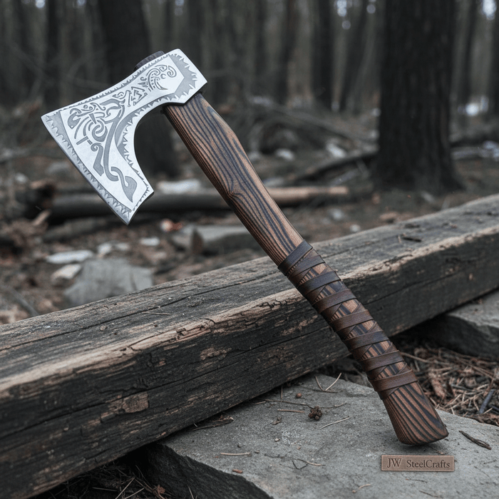 Hand Forged Carbon Steel Viking Axe with Carved Ash Wood Handle and Leather Grip
