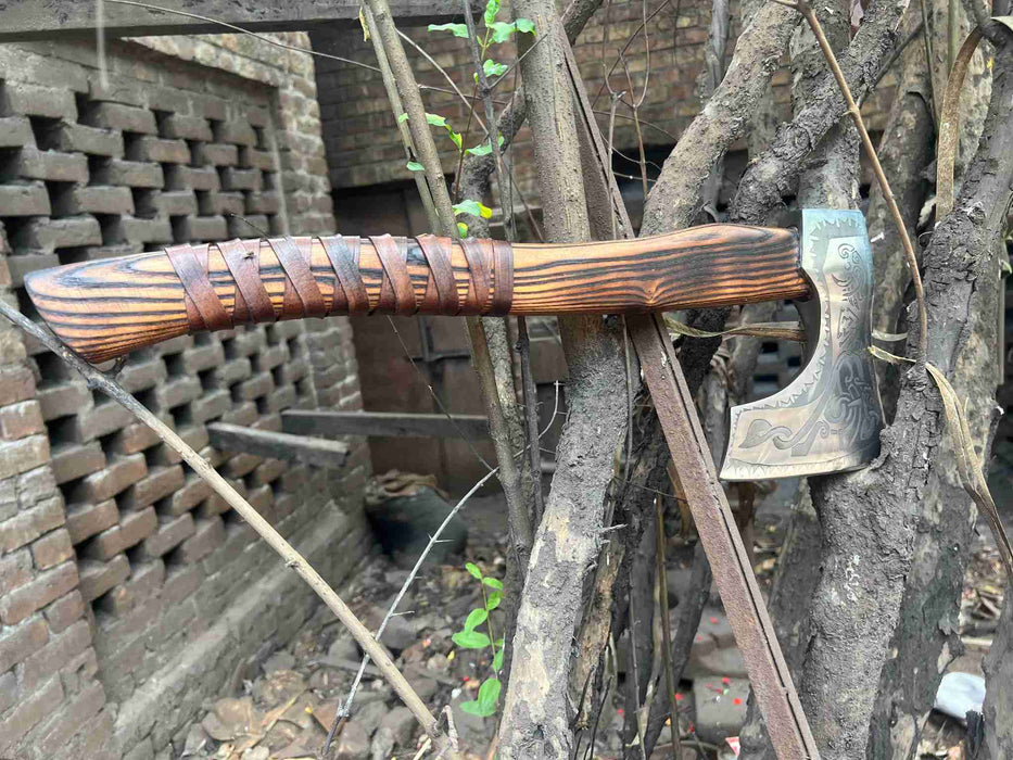 Hand Forged Carbon Steel Viking Axe with Carved Ash Wood Handle and Leather Grip