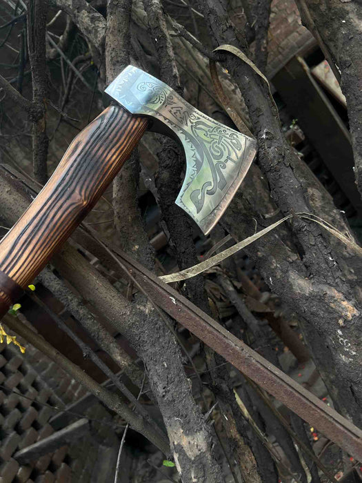 Hand Forged Carbon Steel Viking Axe with Carved Ash Wood Handle and Leather Grip
