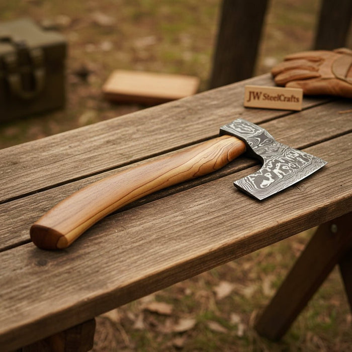 Hand-Forged Damascus Bearded Bushcraft Hatchet with Hardwood Handle