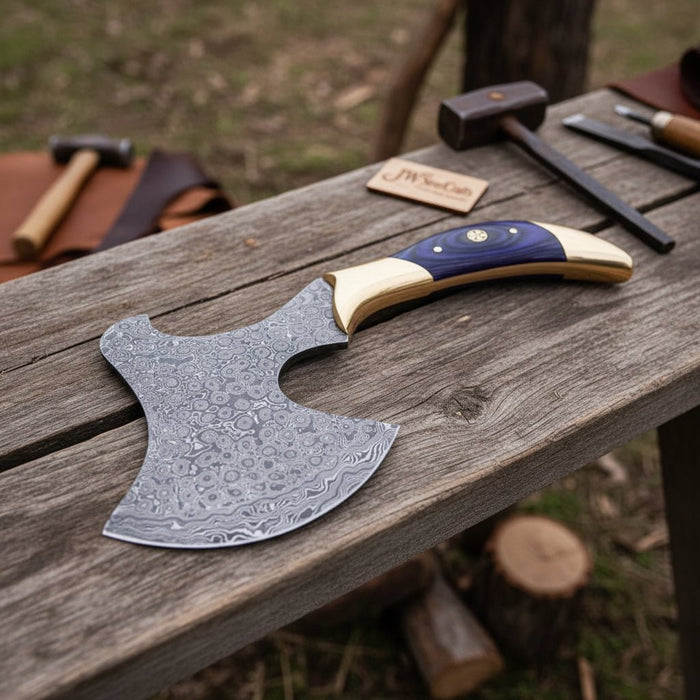 Hand-Forged Damascus Bearded Hatchet with Purple wood and brass Handle