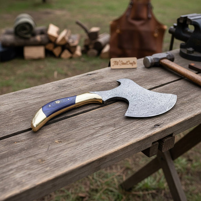 Hand-Forged Damascus Bearded Hatchet with Purple wood and brass Handle