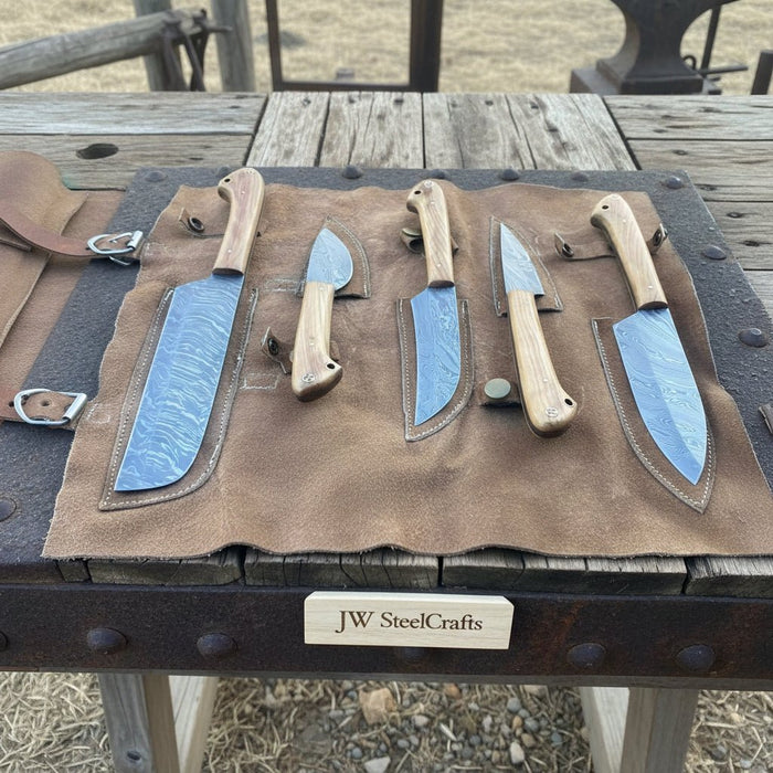 Hand Forged 5-Piece Damascus Knife Set — Cleaver, Chef, Skinner, Utility & Paring Knife with Olive Wood Handles & Leather Roll