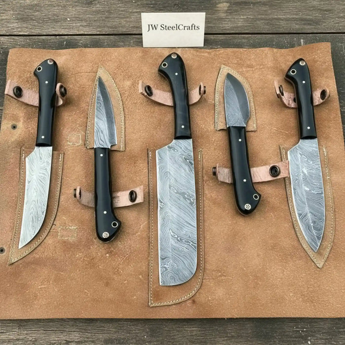 Handmade Damascus Chef & Utility Knife Set - Black Pakka Handles, Full Tang Blades