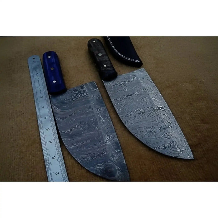 Hammer Forged Damascus Chinese Cleaver & Curved Butcher Knife Pair – Black & Blue Pakka Wood Handles
