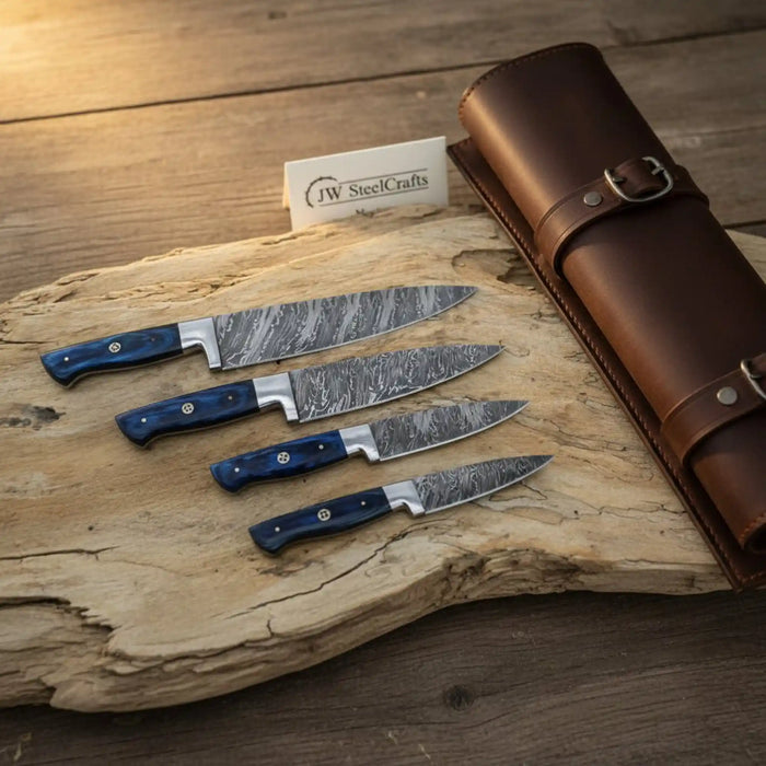 4-Piece Damascus Chef Knife — Fire Pattern Damascus Blades, Blue Pakka Wood Handles,