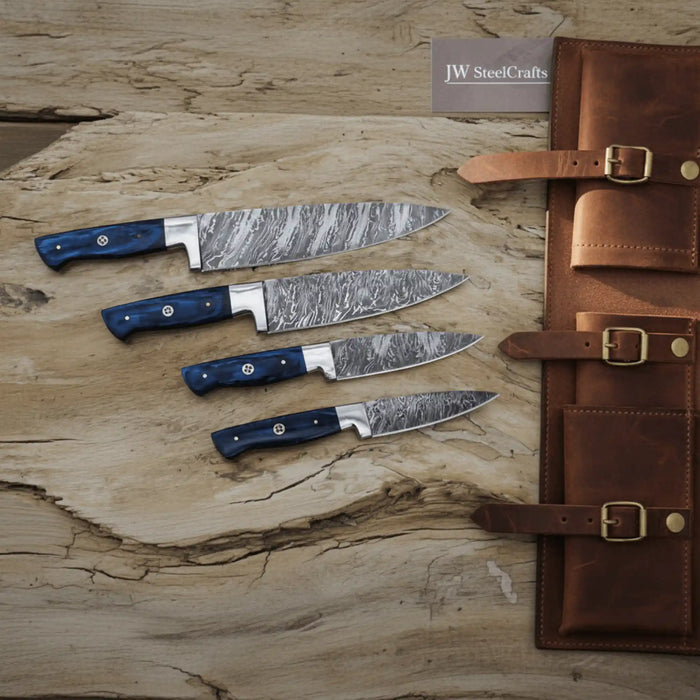 4-Piece Damascus Chef Knife — Fire Pattern Damascus Blades, Blue Pakka Wood Handles,
