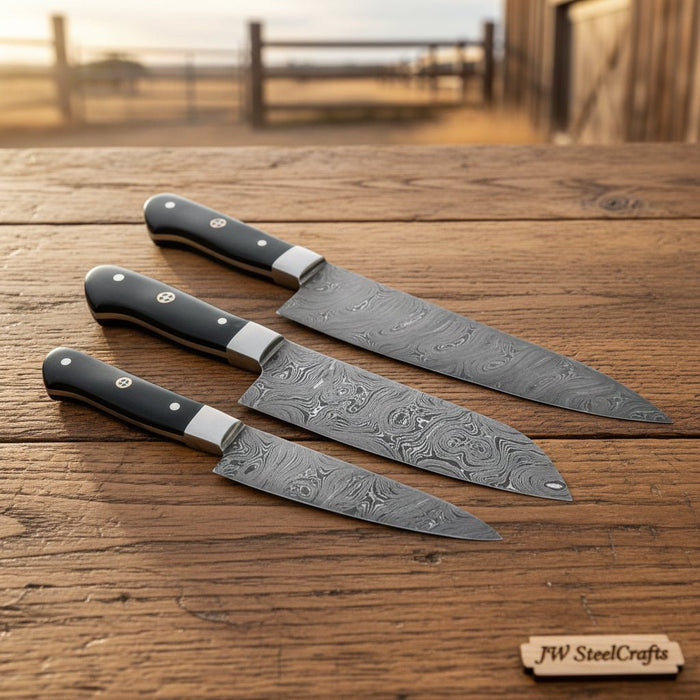 4-Piece Hand-Forged Damascus Kitchen Knife Set with Mixed Handles — Bone, Rosewood, and Black Resin Handles
