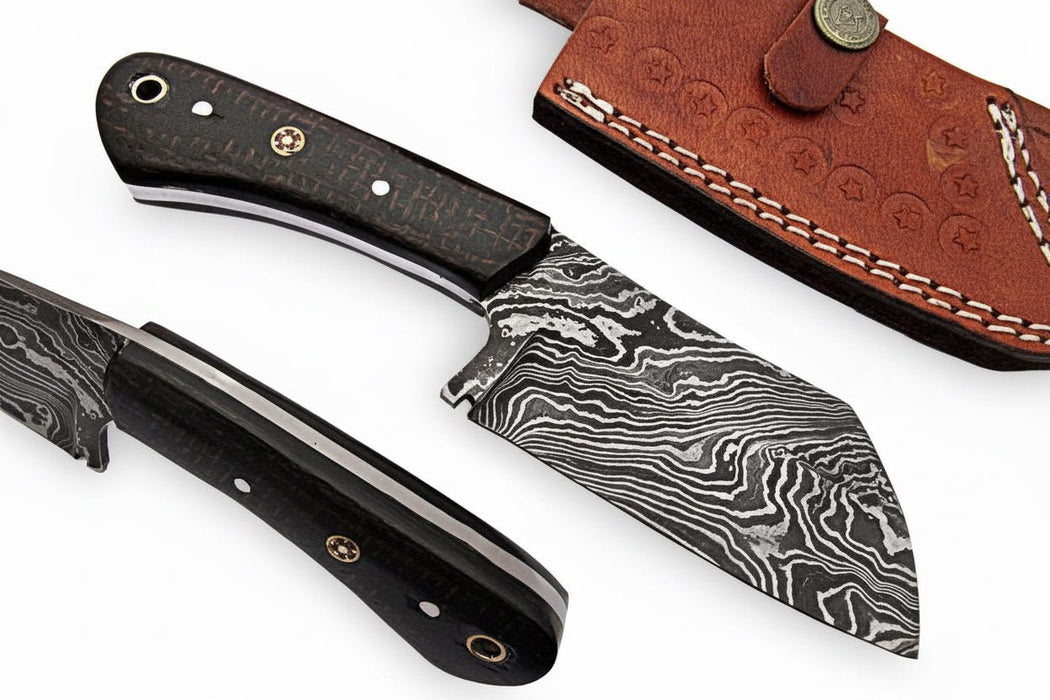3" Blade Forged Damascus Skinning Knife — Black Micarta Handle & Leather Sheath | JW SteelCrafts