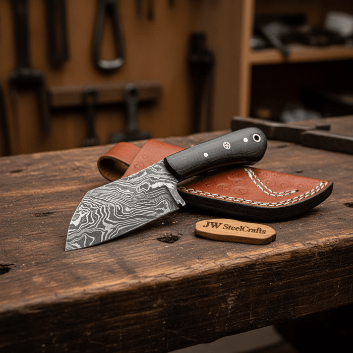 3" Blade Forged Damascus Skinning Knife — Black Micarta Handle & Leather Sheath | JW SteelCrafts