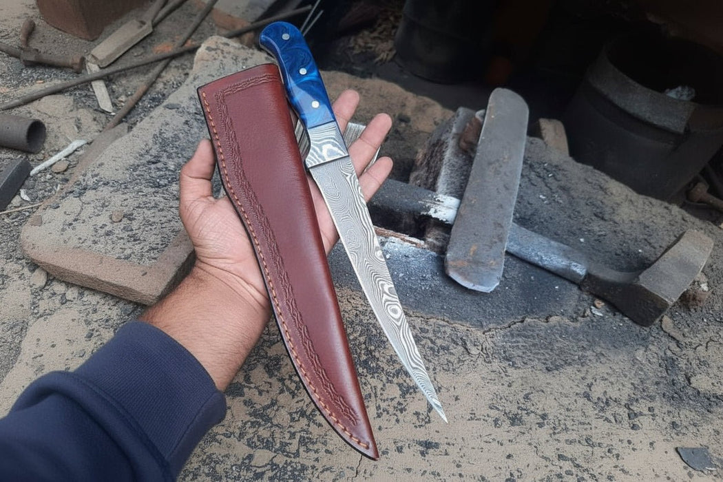 Hand-Forged Damascus Steel Fillet Knife – 8 Inch Flexible Fish Fillet Blade with Blue Resin Handle, Full Tang Professional Fishing Knife with Leather Sheath JW SteelCrafts