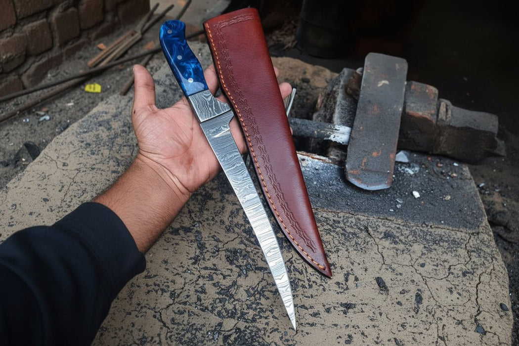 Hand-Forged Damascus Steel Fillet Knife – 8 Inch Flexible Fish Fillet Blade with Blue Resin Handle, Full Tang Professional Fishing Knife with Leather Sheath JW SteelCrafts