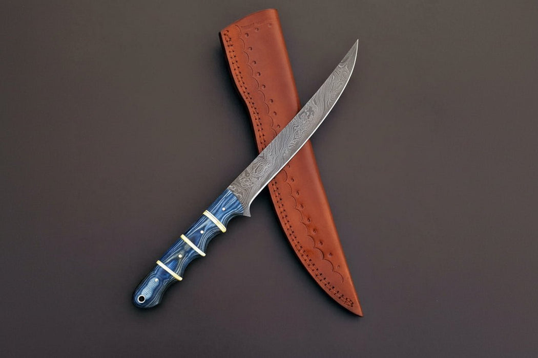 Handcrafted Damascus Steel Fish Fillet Knife with Blue Pakka Wood Handle and Leather Sheath