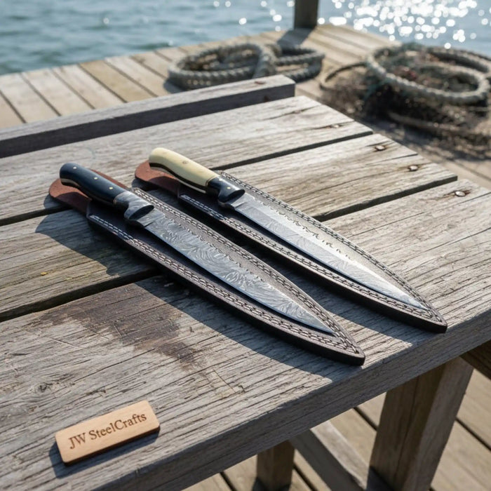 12-Inch Hand-Forged Damascus Steel Fish Fillet Knife Set with Hardwood Handles & Leather Sheaths