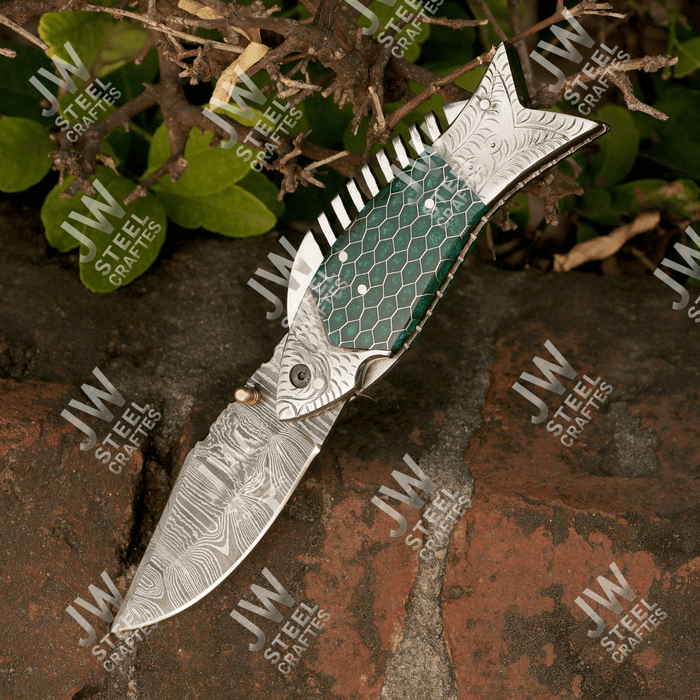 Hand Forged Damascus Steel Folding Knife – Honeycomb, Pinecone & Brass Handle Variations