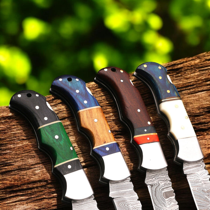Hand-Forged Damascus Steel Folding Knife with Pakka Wood Handle