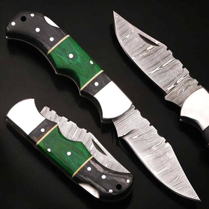 Hand-Forged Damascus Steel Folding Knife with Pakka Wood Handle