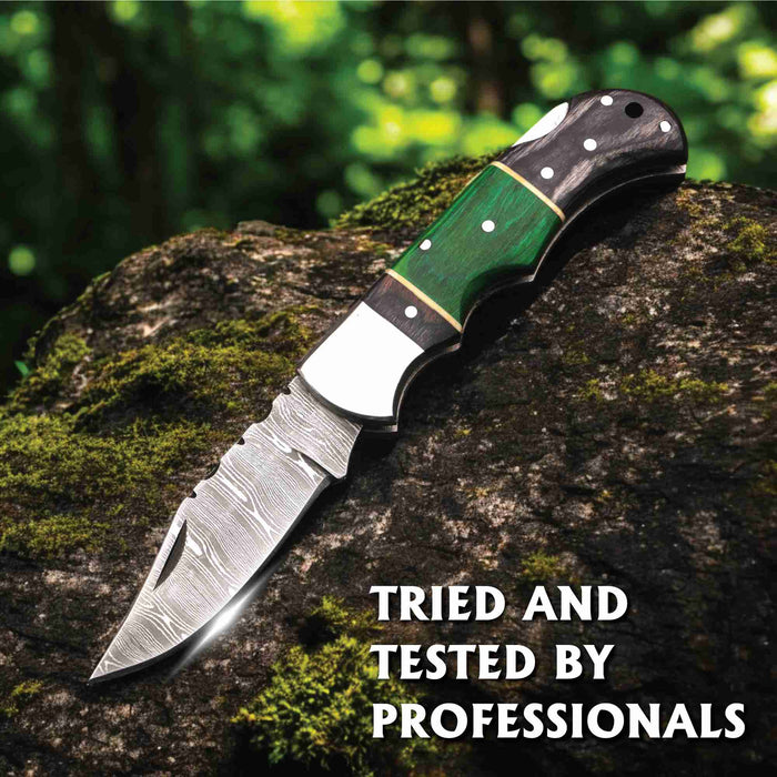 Hand-Forged Damascus Steel Folding Knife with Pakka Wood Handle