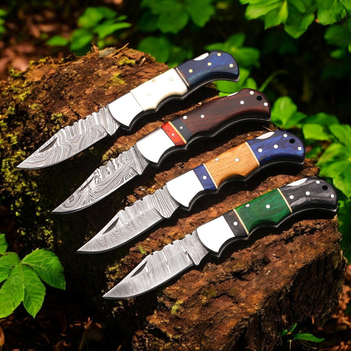 Hand-Forged Damascus Steel Folding Knife with Pakka Wood Handle