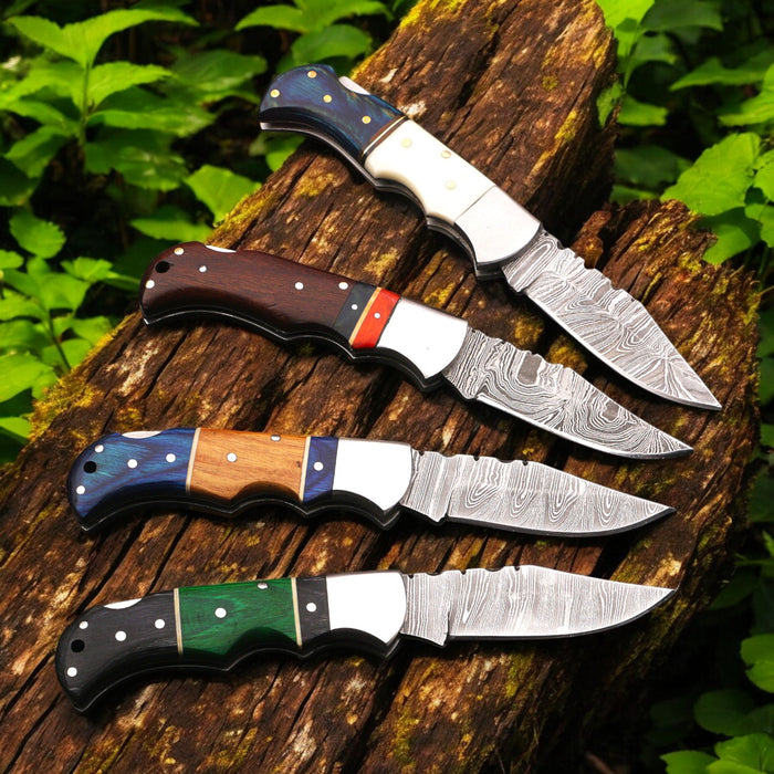 Hand-Forged Damascus Steel Folding Knife with Pakka Wood Handle
