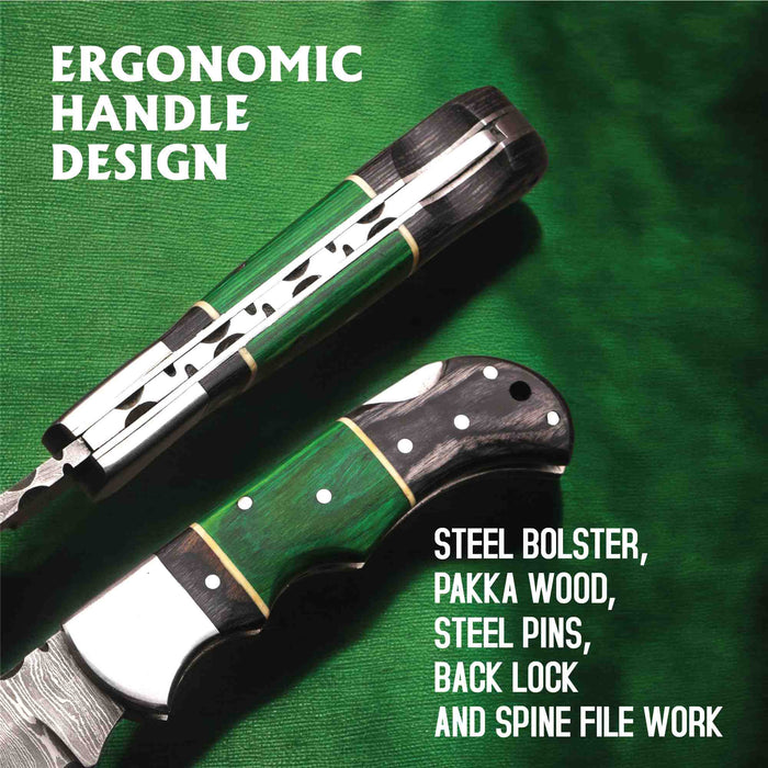 Hand-Forged Damascus Steel Folding Knife with Pakka Wood Handle