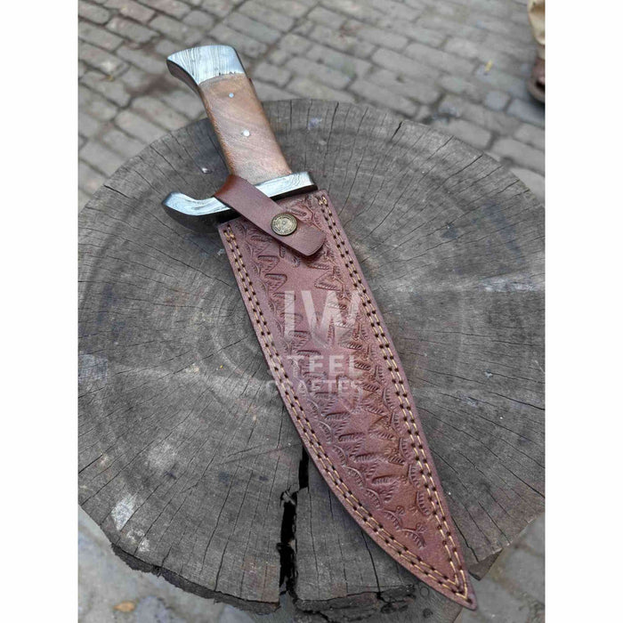 14-Inch Damascus Frontier Bowie Knife — 9-Inch Blade, Lace Wood Coffin Handle, Steel Guard & Tooled Leather Sheath