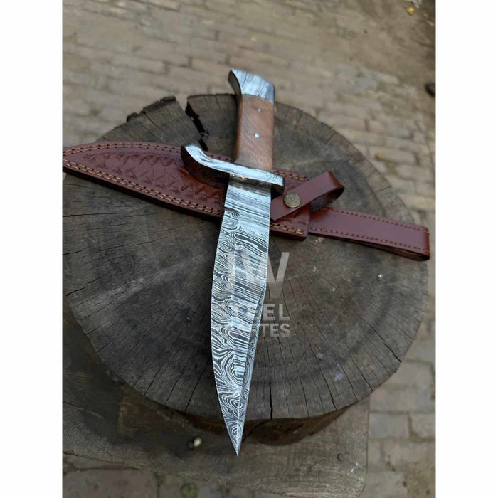 14-Inch Damascus Frontier Bowie Knife — 9-Inch Blade, Lace Wood Coffin Handle, Steel Guard & Tooled Leather Sheath